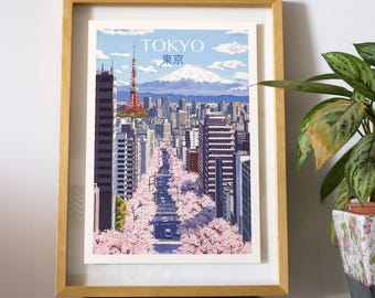 Tokyo Skyline Travel Poster, Illustrated Japan Wall Art Print