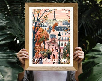 Montmartre Paris Travel Poster, Vintage Eiffel Tower Wall Art (Fine Print)
