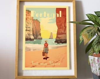 Algarve Travel Poster | Portugal Print | Beach Illustration | Albufeira Wall Art | Lagos Home Decor | Travel Gift for Her