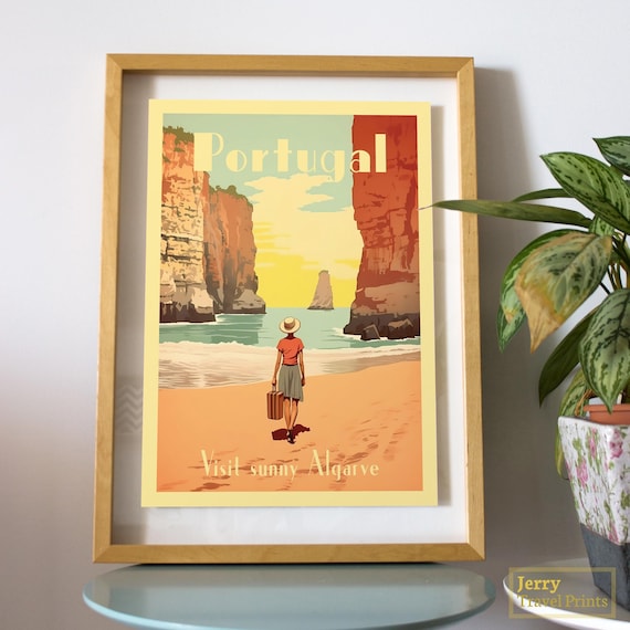 Algarve Portugal Travel Poster, Beach Illustration Art