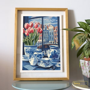 Affiche de voyage de Delft | Impression d'art de Delft | Illustration des Pays-Bas | Bleu de Delft, Pays-Bas | Décoration de voyage à Delft | Art mural hollandais