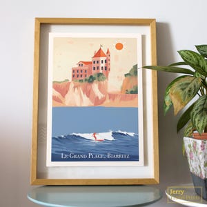 Poster di viaggio di Biarritz / Poster di surf di Le Grand Plage / Stampa francese / Illustrazione dei Paesi Baschi / Arte della spiaggia francese / Decorazione costiera