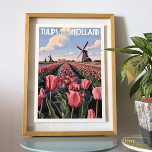 Impression champ de tulipes | affiche de Keukenhof | Art du paysage hollandais | Impression de voyage aux Pays-Bas | Illustration rétro de Hollande | Décoration murale hollandaise