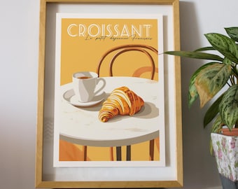Konsttryck med croissantmotiv: Fransk frukost, vintage-affisch med Parismotiv (digital fil och fysiskt tryck)