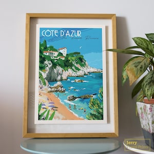 Impresión de la Riviera Francesa / Póster de viaje de la Costa Azul / Obra de arte del sur de Francia / Impresión vintage de viaje a la playa / Decoración mediterránea para el hogar