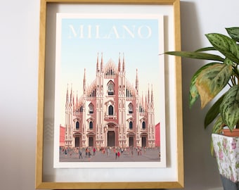 Milan Travel Poster | Vintage Duomo Di Milano Print | Italy Illustration | Cathedral Wall Art | Home Decor Gift for Her