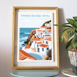 Azenhas do Mar Print / Cartel de viaje de Sintra / Costa portuguesa / Arte del pueblo costero / Arte de la pared de Portugal / Escena junto al acantilado del Océano Atlántico