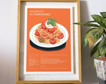 Spaghetti Illustration | Pasta Art Print | Italy Travel Poster | Kitchen Wall Art | Italian Restaurant Decor | Pomodoro | Tomato Sauce