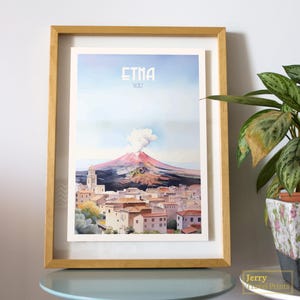 Mount Etna Travel Print | Sicily Poster | Vintage Italian Illustration | Volcano Wall Decor | Italy Digital Prints | Travel Gift for Her