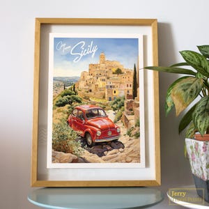 Vintage Sicily Travel Poster: Fiat 500 Illustration (Digital File & Physical Print)