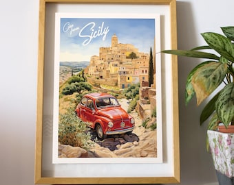Vintage Sicily Travel Poster: Fiat 500 Illustration (Digital File & Physical Print)