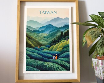 Taiwan Travel Poster | Taiwanese Tea Art |  Alishan Landscape Print | High Mountain Oolong | Formosa Vintage Print | Souvenirs | Home Decor