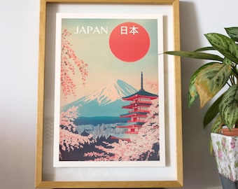 Mount Fuji Japan Travel Poster, Illustrated Landscape Wall Art