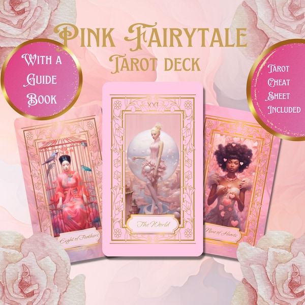 DIGITAL Pink Fairytale Tarot Deck - 78 Cards - Princesscore - Tarot Cheat Sheet & Guidebook - Stickers