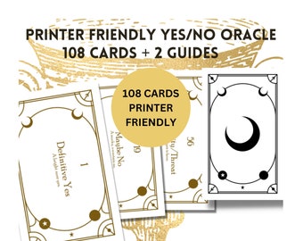 May include: A deck of 108 printer-friendly oracle cards with two guides. The cards have a white background with gold-colored decorative borders, moons, stars, and text. The text on the cards includes "Definitive Yes" and "Maybe No."