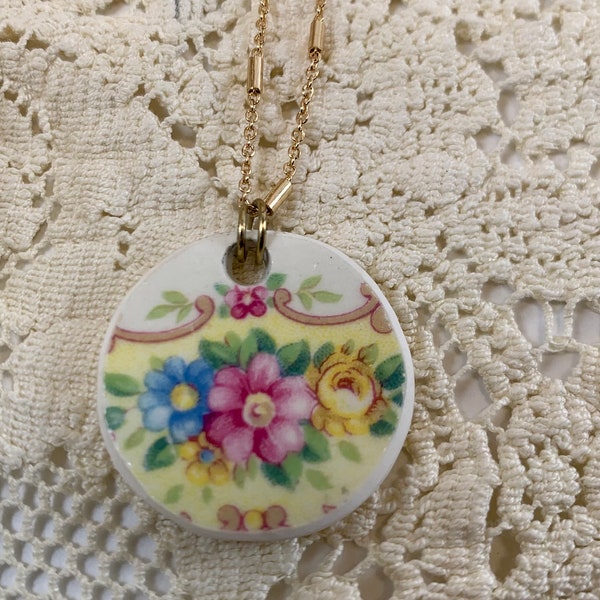 Broken China Jewelry Necklace, Flowers, Round, Keepsake, Vintage