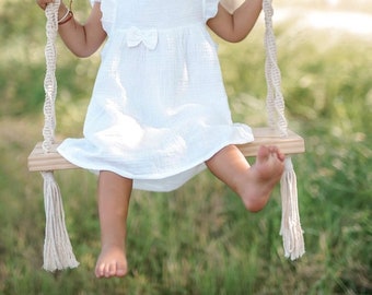 Pure organic cotton muslin dress with bow short sleeves for babies and toddlers 6 months to 2 years in white and gray blue