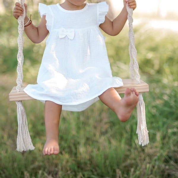 reine Bio-Baumwolle Musselin Kleid mit Schleife kurze Ärmel für Baby und Kleinkinder 6 Monaten bis 2 Jahren in Weiß und Graublau