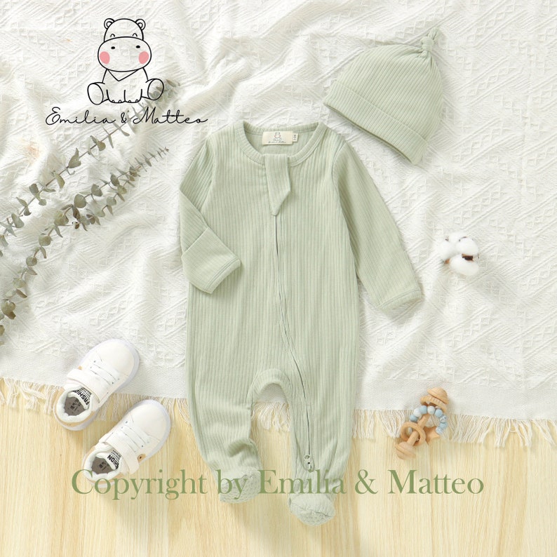 Bio Baumwolle Strampler mit Mütze zwei-Wege-Reißverschluß Babygeschenk Baby Schlafanzug-Set Frühchen 6 Monate Neugeborene Bild 2