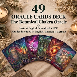 Può includere: Un mazzo di 49 carte oracolo intitolato The Botanical Chakra Oracle, con illustrazioni vivaci e colorate di natura e temi mistici su ogni carta. Il testo include Instant Digital Download, PDF e guide in inglese, russo e tedesco.