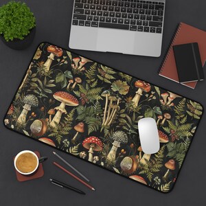 Witchy Fall Mushroom Desk Mat Dark Forest Mousepad for Tarot, Halloween Vibes, Green Witch Altar Decor, Autumn Cottagecore Office Accessory