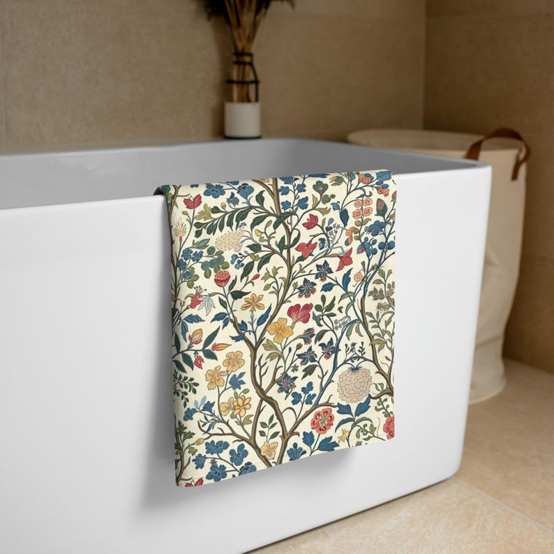 William Morris Bathroom Towel, Vintage Botanical Beach Towel, Green ...