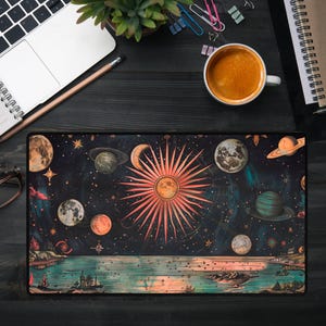 Tapete de escritorio celestial vintage con astronomía antigua, alfombrilla de ratón de estilo victoriano con sol, luna y estrellas, tapetes de escritorio grandes para escritores e historiadores.
