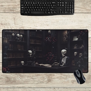 Dark Moody Floral Skeleton MousePad, Gothic Deskpad, Extra Large Mousemat, Dark Cottagecore Desk Mat, Dark Academia Home Office table decor