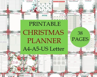 May include: A printable Christmas planner set featuring 38 pages in A4, A5, and US Letter sizes. The pages include festive red poinsettia and green foliage borders, with various templates for meal planning, gift lists, savings challenges, and holiday tasks.