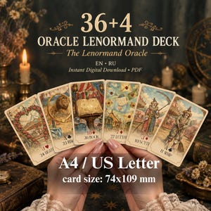 May include: A 36+4 Oracle Lenormand deck featuring vintage-style illustrations on cards measuring 74x109 mm. The cards display imagery including a heart, ring, book, letter, scythe, and whip, with text indicating A4 / US Letter format.
