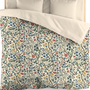 William Morris Duvet Cover – Vintage Botanical Floral Bedding, Beige Green Blue Quilt Cover, Cottagecore & Victorian Gothic Bedroom Decor