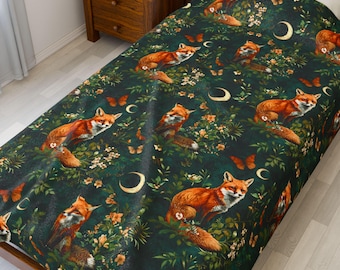 Manta de zorro místico: terciopelo de felpa con temática de bosque, acogedora decoración otoñal estilo cottagecore