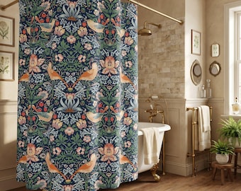 Cortina de ducha William Morris Strawberry Thief, pájaro y fruta azul índigo, baño victoriano con ambiente melancólico, decoración cottagecore oscura