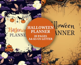 Puede incluir: Un planificador de Halloween de 20 páginas en tamaños A4, A5 y US Letter. El diseño presenta un fondo oscuro con nubes moradas, lunas amarillas y murciélagos, junto a una sección beige con calabazas, ramas desnudas y telarañas.