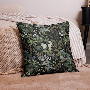 Dark Fern Pillow Cover: Moody Floral Faux Suede Cottagecore Decor
