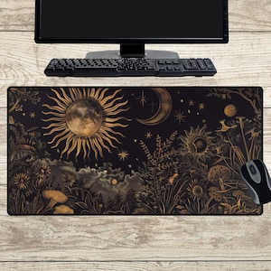 Boho Sun and Moon Planets Desk Mat, Cottagecore Mouse Pad, Astrology-Inspired Desk Mat, Whimsigoth, Fairy Grunge deskmat  Witchy stuff
