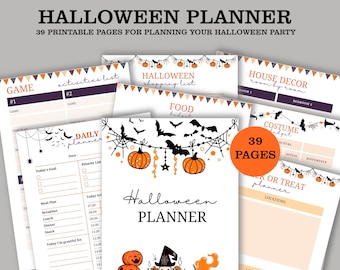 May include: A Halloween planner set featuring 39 printable pages in A4, A5, and US Letter sizes. The pages include headers like Game Activities List, Halloween Shopping List, House Decor, Food Budget, Costume Budget, and Trick or Treat Planner.