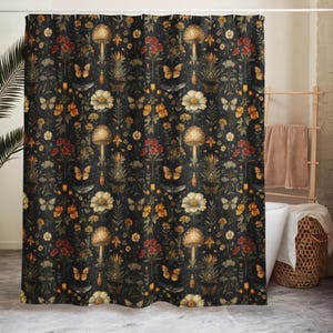 Mushroom & Moth Shower Curtain: Goblincore Forest Bathroom Decor