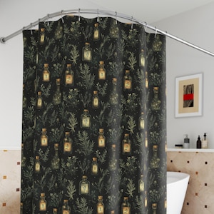 Black Botanical Shower Curtain: Vintage Apothecary Decor