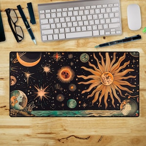 Witchy Celestial Desk Mat with Vintage Sun Moon and Stars Print, Large Mystical Mouse Pad for Tarot Readings and Esoteric Office Decor