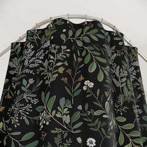 Black Botanical Shower Curtain Moody Floral Whimsigoth Bathrooms Woodland Chinoiserie Dark Academia Home Goth Cottagecore Decor Fern & Daisy