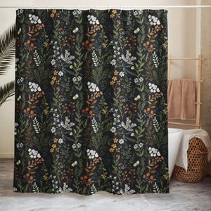 Moody Botanical Shower Curtain – Dark Floral Fern & Woodland Flowers, Gothic Cottagecore Bathroom Decor, Aesthetic Autumn Bath Curtain