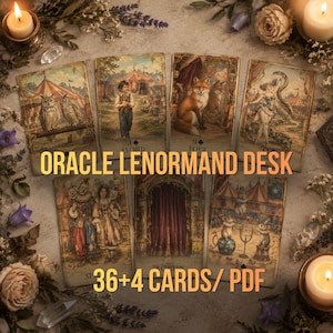 May include: A set of seven illustrated oracle cards featuring vintage circus-themed imagery, including a child, a fox, a performer with a snake, clowns, a curtain, and animals, with the text ORACLE LENORMAND DESK and 36+4 CARDS/ PDF.