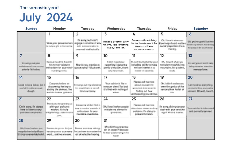 Sarcastic Calendar 2025 July Etsy