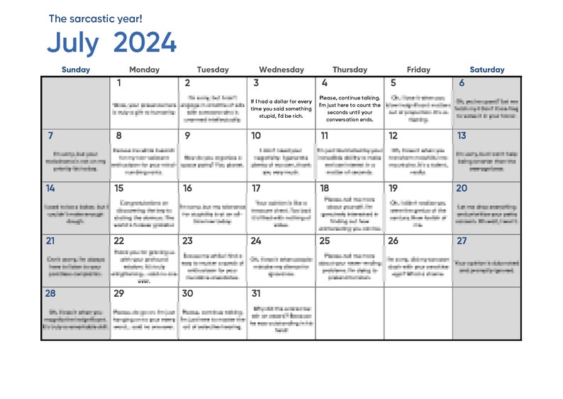 Sarcastic Calendar 2024 July Etsy