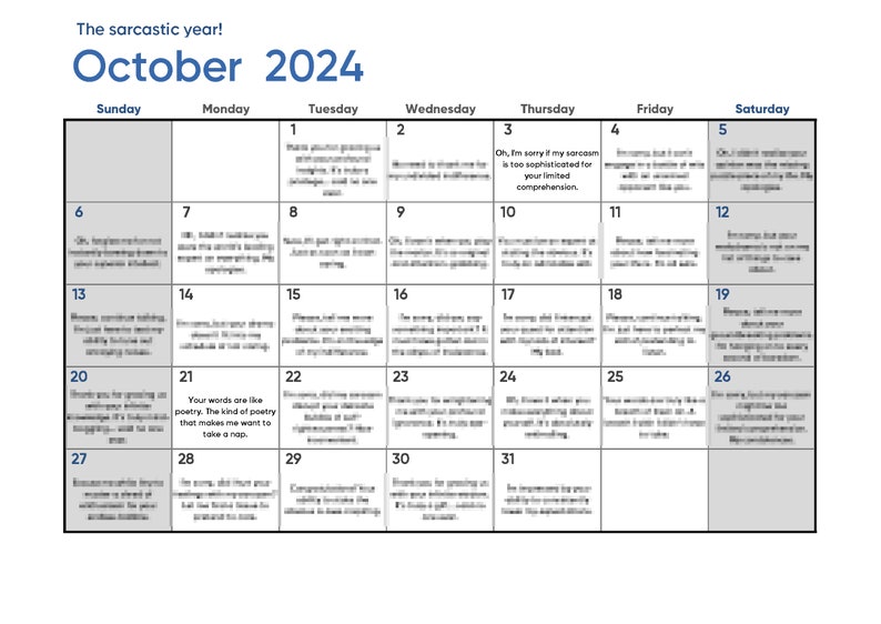 Sarcastic Calendar 2024 October Etsy Portugal
