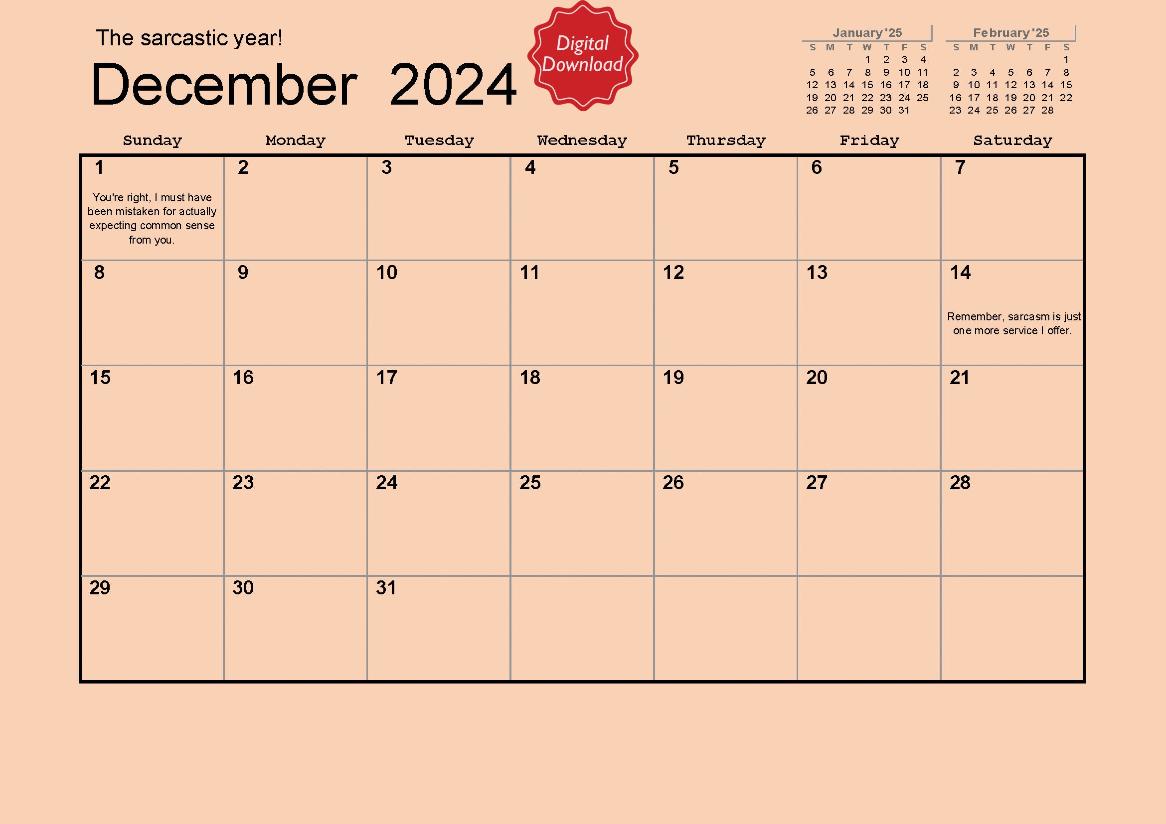 Sarcastic Calendar 2024 All Year Long Etsy