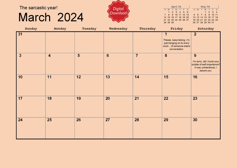 Sarcastic Calendar 2024 All Year Long Etsy
