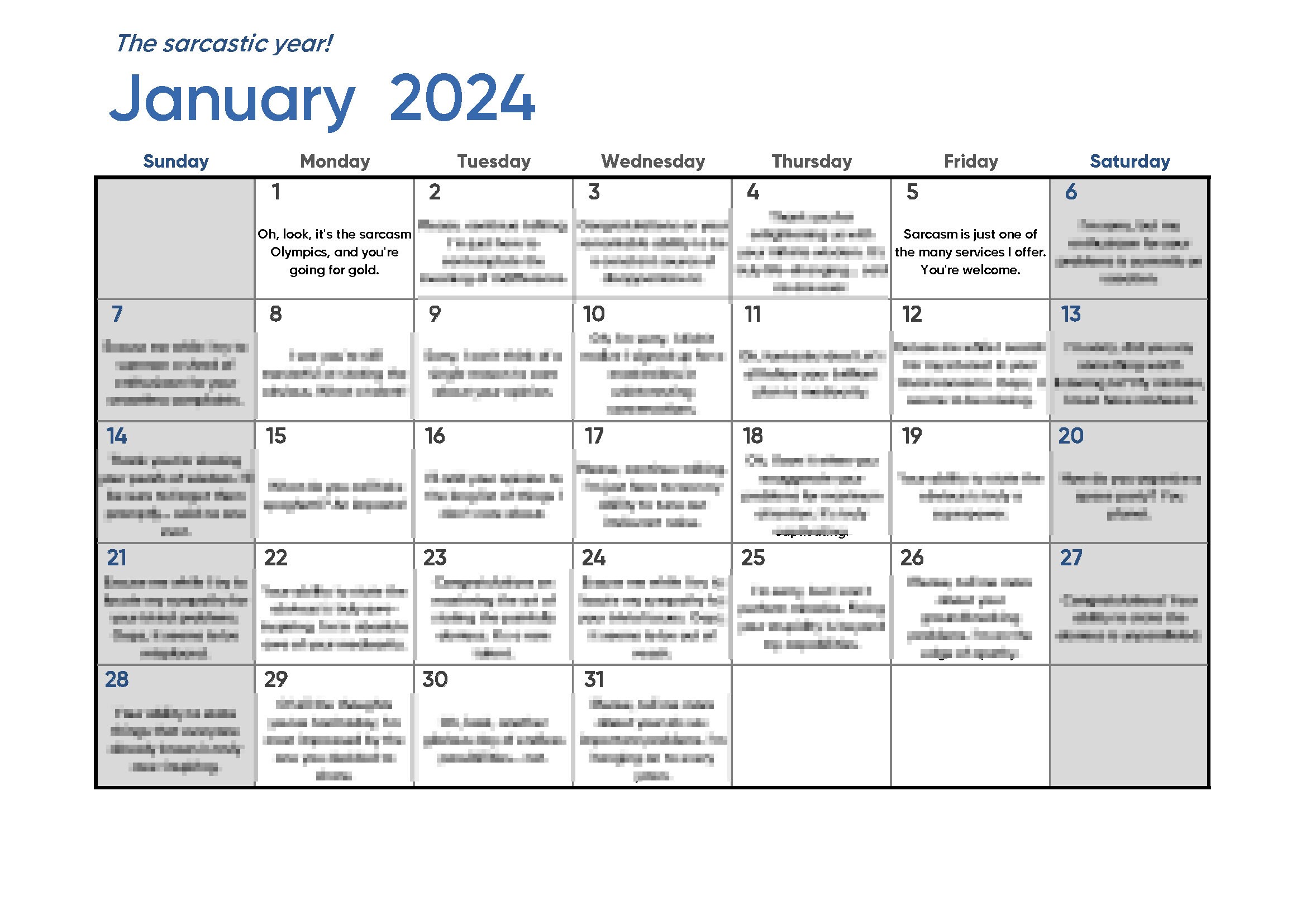 Sarcastic Calendar 2024 January Etsy