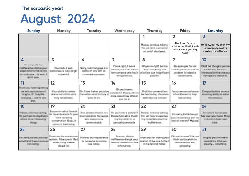 Sarcastic Calendar 2024 August Etsy